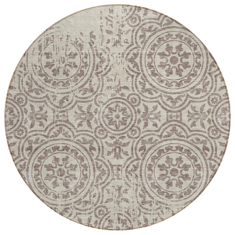8' Taupe And Beige Round Medallion Washable Indoor Outdoor Area Rug