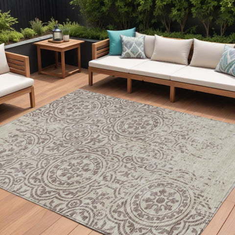8' X 10' Taupe And Beige Medallion Washable Indoor Outdoor Area Rug