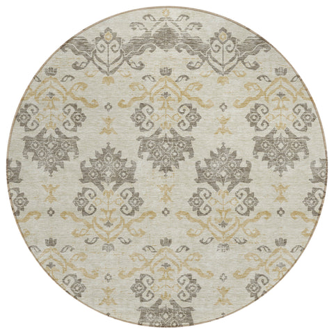 8' Beige Tan And Taupe Round Oriental Washable Indoor Outdoor Area Rug