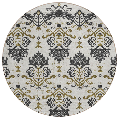 8' Black Beige And Gold Round Oriental Washable Indoor Outdoor Area Rug