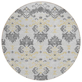 8' Charcoal Silver And Gold Round Oriental Washable Indoor Outdoor Area Rug