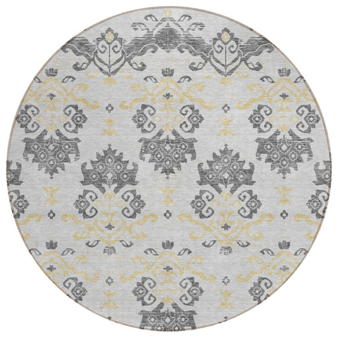 8' Charcoal Silver And Gold Round Oriental Washable Indoor Outdoor Area Rug