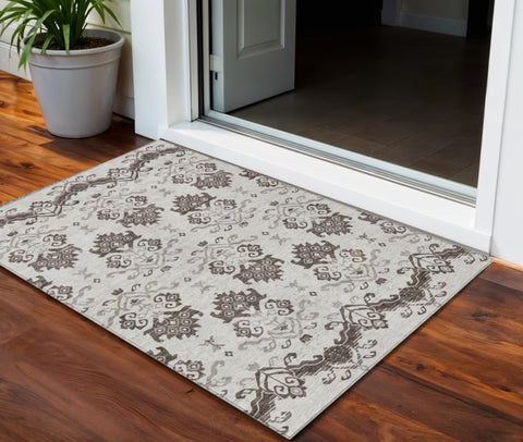 3' X 5' Chocolate Taupe And Beige Oriental Washable Indoor Outdoor Area Rug