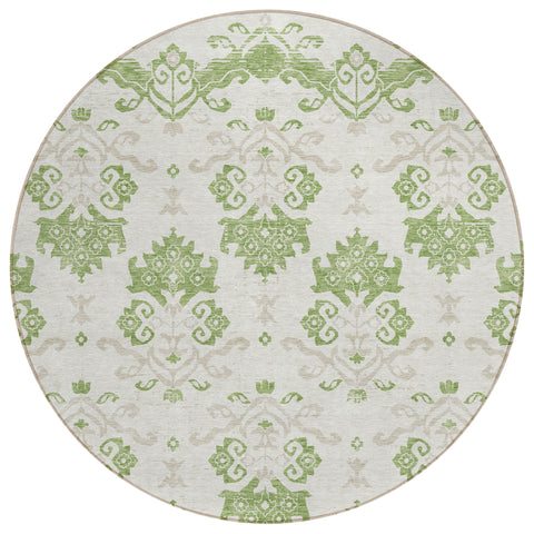 8' Green Beige And Taupe Round Oriental Washable Indoor Outdoor Area Rug