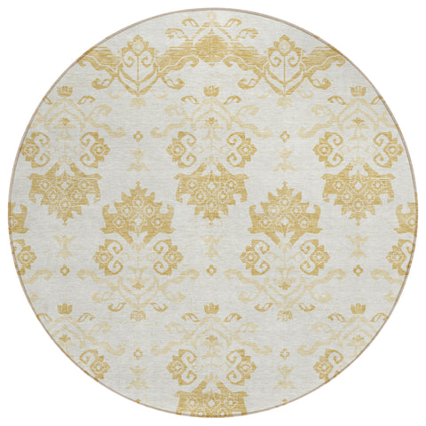 8' Gold Beige And Wheat Round Oriental Washable Indoor Outdoor Area Rug
