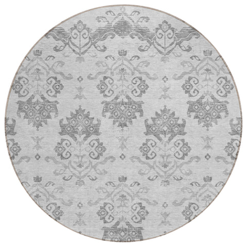 8' Graphite Gray And Silver Round Oriental Washable Indoor Outdoor Area Rug