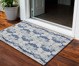 3' X 5' Navy Blue Beige And Denim Blue Oriental Washable Indoor Outdoor Area Rug