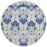 8' Navy Blue Beige And Denim Blue Round Oriental Washable Indoor Outdoor Area Rug