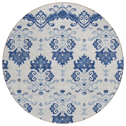 8' Navy Blue Beige And Denim Blue Round Oriental Washable Indoor Outdoor Area Rug