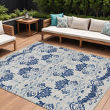 8' X 10' Navy Blue Beige And Denim Blue Oriental Washable Indoor Outdoor Area Rug