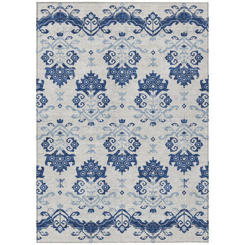 8' X 10' Navy Blue Beige And Denim Blue Oriental Washable Indoor Outdoor Area Rug