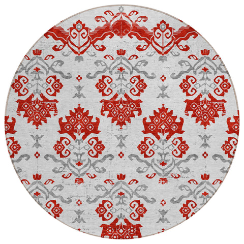 8' Red Gray And Silver Round Oriental Washable Indoor Outdoor Area Rug
