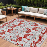8' X 10' Red Gray And Silver Oriental Washable Indoor Outdoor Area Rug