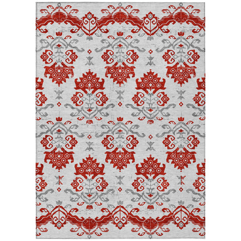 8' X 10' Red Gray And Silver Oriental Washable Indoor Outdoor Area Rug