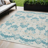 5' X 8' Teal Blue Silver And Gray Oriental Washable Indoor Outdoor Area Rug