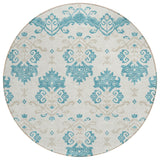 8' Teal Blue Silver And Gray Round Oriental Washable Indoor Outdoor Area Rug