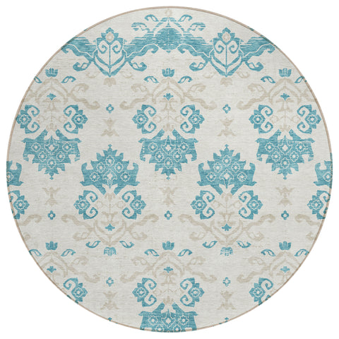 8' Teal Blue Silver And Gray Round Oriental Washable Indoor Outdoor Area Rug