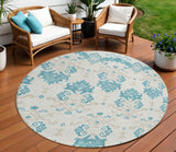 8' Teal Blue Silver And Gray Round Oriental Washable Indoor Outdoor Area Rug