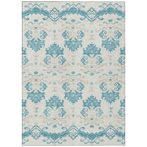 8' X 10' Teal Blue Silver And Gray Oriental Washable Indoor Outdoor Area Rug