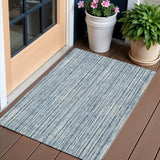 3' X 5' Blue And Ivory Striped Washable Indoor Outdoor Area Rug