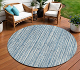 8' Blue And Ivory Round Striped Washable Indoor Outdoor Area Rug