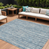 8' X 10' Blue And Ivory Striped Washable Indoor Outdoor Area Rug