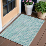 3' X 5' Teal Blue And Ivory Striped Washable Indoor Outdoor Area Rug