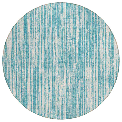 8' Teal Blue And Ivory Round Striped Washable Indoor Outdoor Area Rug