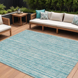 8' X 10' Teal Blue And Ivory Striped Washable Indoor Outdoor Area Rug