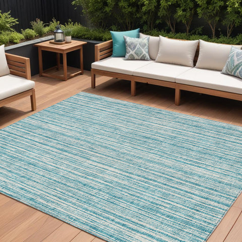 8' X 10' Teal Blue And Ivory Striped Washable Indoor Outdoor Area Rug