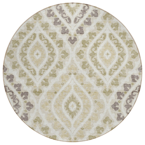 8' Beige Taupe And Ivory Round Floral Washable Indoor Outdoor Area Rug