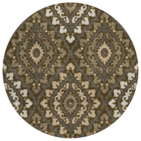 8' Brown Taupe And Gray Round Floral Washable Indoor Outdoor Area Rug