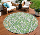 8' Green Beige And Ivory Round Floral Washable Indoor Outdoor Area Rug