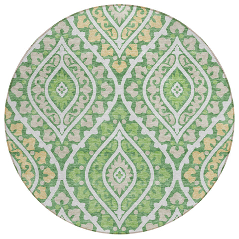 8' Green Beige And Ivory Round Floral Washable Indoor Outdoor Area Rug
