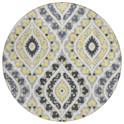 8' Gray Silver And Charcoal Round Floral Washable Indoor Outdoor Area Rug
