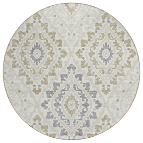 8' Ivory Beige And Gray Round Floral Washable Indoor Outdoor Area Rug