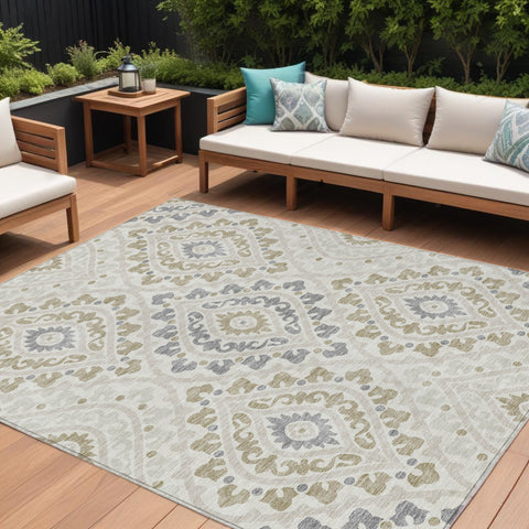 8' X 10' Ivory Beige And Gray Floral Washable Indoor Outdoor Area Rug