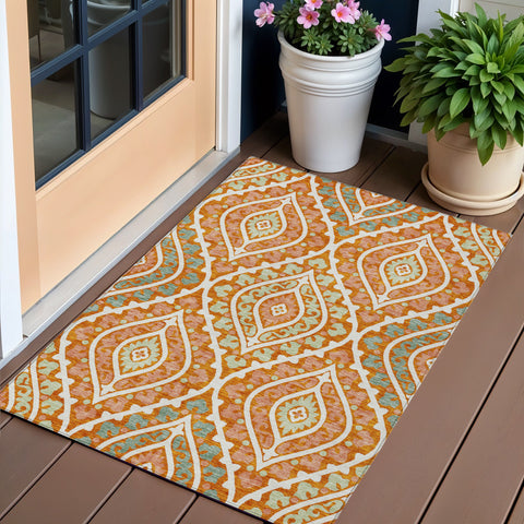3' X 5' Orange Peach And Ivory Floral Washable Indoor Outdoor Area Rug