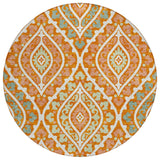 8' Orange Peach And Ivory Round Floral Washable Indoor Outdoor Area Rug
