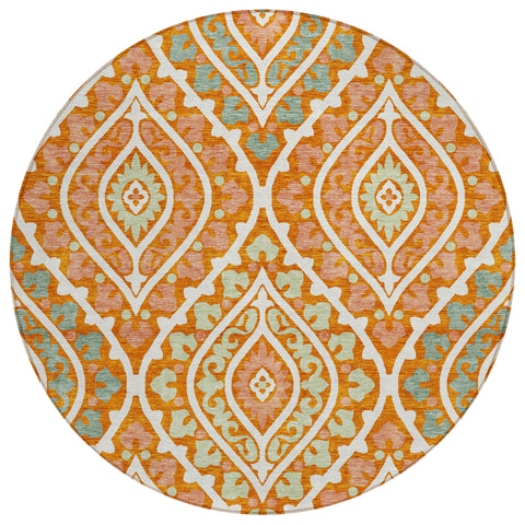 8' Orange Peach And Ivory Round Floral Washable Indoor Outdoor Area Rug