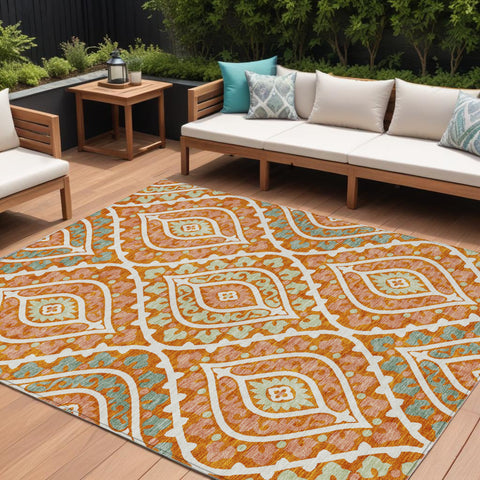 8' X 10' Orange Peach And Ivory Floral Washable Indoor Outdoor Area Rug