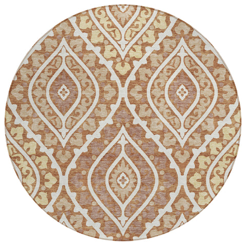8' Orange Gold And Ivory Round Floral Washable Indoor Outdoor Area Rug