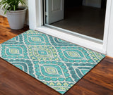 3' X 5' Teal Blue Ivory And Artichoke Green Floral Washable Indoor Outdoor Area Rug