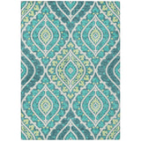 5' X 8' Teal Blue Ivory And Artichoke Green Floral Washable Indoor Outdoor Area Rug