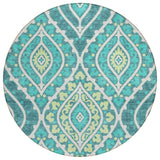 8' Teal Blue Ivory And Artichoke Green Round Floral Washable Indoor Outdoor Area Rug