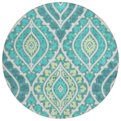 8' Teal Blue Ivory And Artichoke Green Round Floral Washable Indoor Outdoor Area Rug