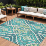 8' X 10' Teal Blue Ivory And Artichoke Green Floral Washable Indoor Outdoor Area Rug