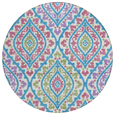 8' White Artichoke Green And Purple Round Floral Washable Indoor Outdoor Area Rug
