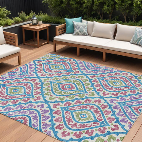 8' X 10' White Artichoke Green And Purple Floral Washable Indoor Outdoor Area Rug