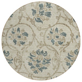 8' Beige Tan And Blue Round Floral Washable Indoor Outdoor Area Rug